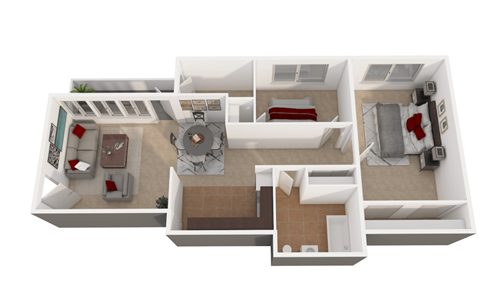 Floor plan for 2 beds, 1 bath, 796 sqft